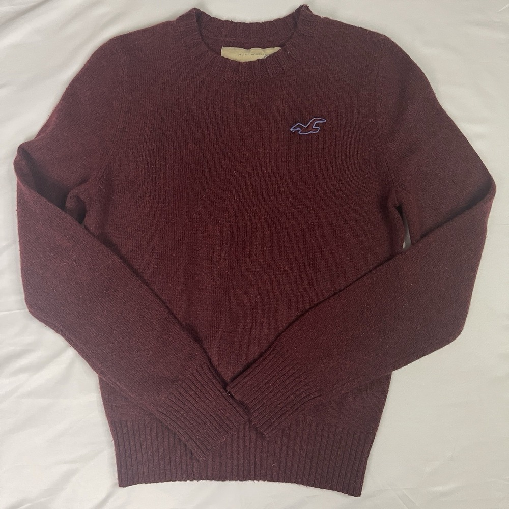 Hollister Mens Small Burgundy Crew Neck Knit Sweater Maroon Pullover Logo
